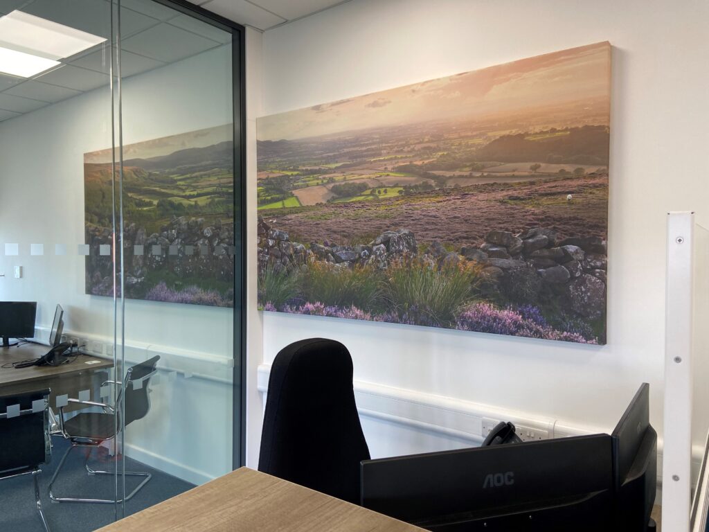 custom sound absorption panel on a wall in an office