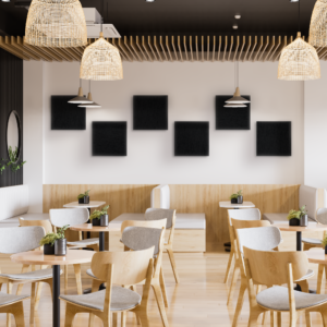 Black sound absorbing panels in a cafe