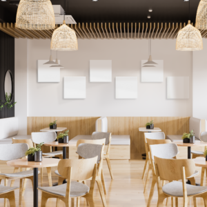 White acoustic panels in a cafe