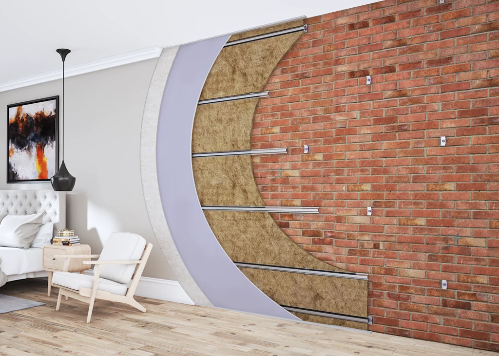 wall soundproofing system cross section on a brick wall. Acoustic mineral wool exposed, clip and channel system with acoustic plasterboard over the top