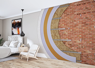 brick wall exposed part covered with soundproofing panels. wall soundproofing system is a cross section to show each layer. soundproofing installed in a modern bedroom