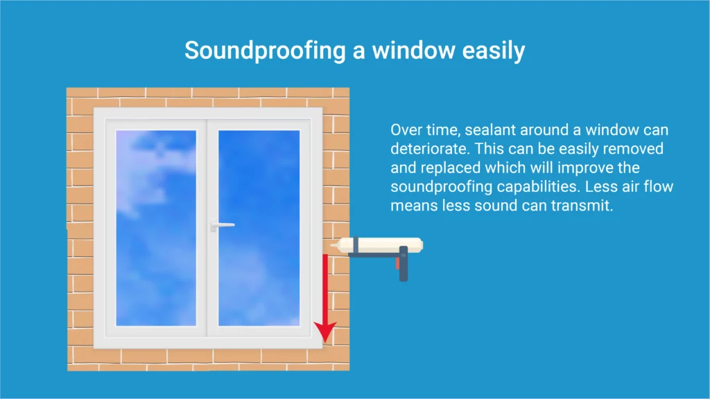 infographic explaining how to replace window sealant to improve soundproofing. Graphic includes text