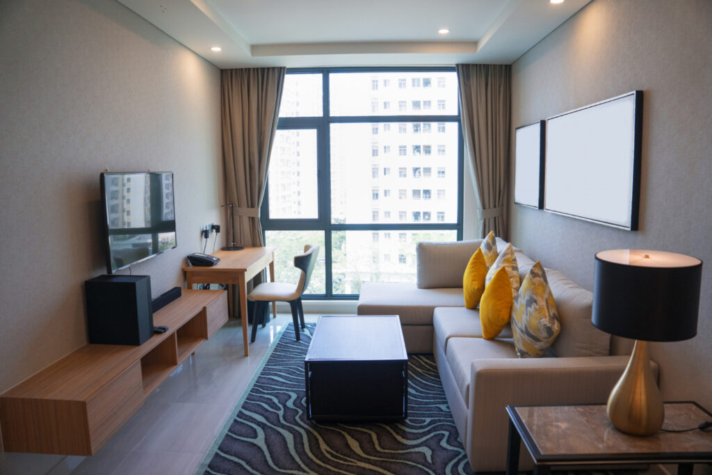 cozy living room interior with panoramic window